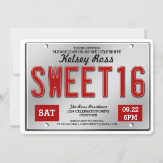 Red Licence Plate Sweet 16 Party Einladungen