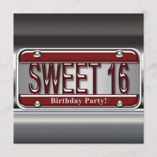 Red License Plate 16 . Geburtstag Party Einladung