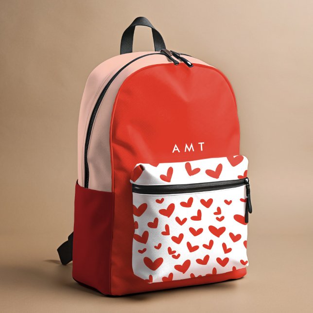 Red Liebe Hearts Gingham Karierter Personalisierte Bedruckter Rucksack (Red hearts personalized school backpack.)