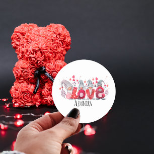 Red Liebe Word mit Watercolor Gnomes Valentines Runder Aufkleber