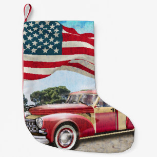 Red Lieferwagen Truck: Amerikanische Flagge Vintag Kleiner Weihnachtsstrumpf