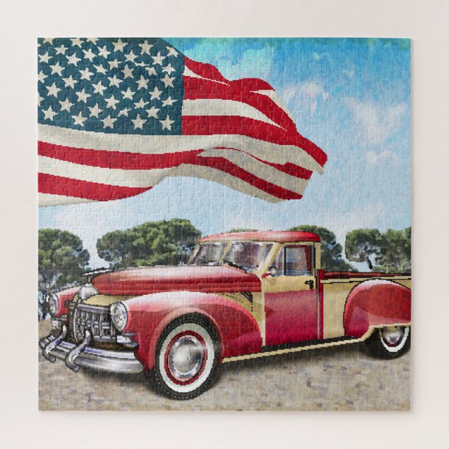 Red Lieferwagen Truck: Amerikanische Flagge Vintag Puzzle (Vertikal)