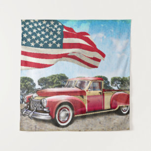 Red Lieferwagen Truck: Amerikanische Flagge Vintag Wandteppich