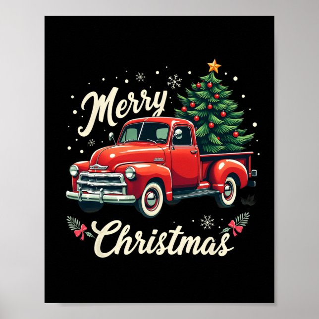 Red Lieferwagen Truck Frohe Weihnachtsbaum Winterf Poster (Vorne)