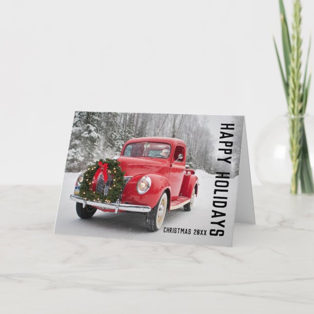 Red Lieferwagen Truck mit Weihnachtskranz Feiertagskarte (Vorderseite)