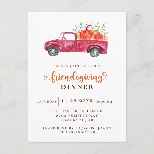 Red Lieferwagen Truck Pumpkin Friendsgiving Elegan Postkarte (Vorderseite)