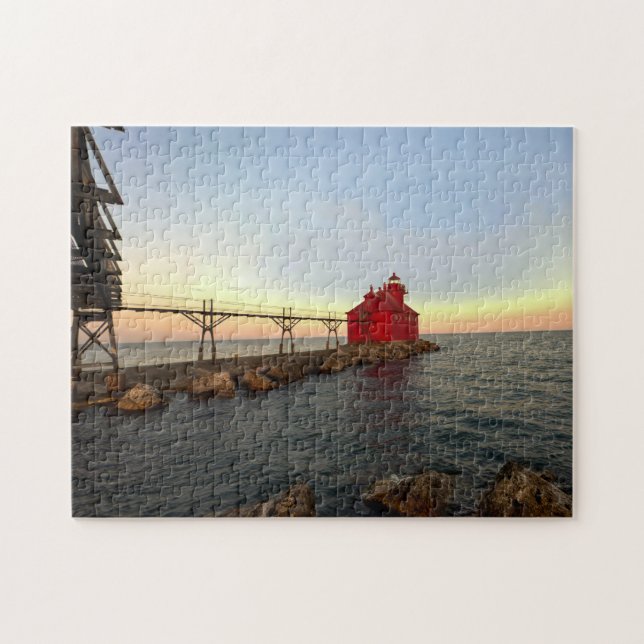 Red Lighthouse Stormy Seas Jigsaw Puzzle (Horizontal)
