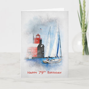 Red Lighthouse und Sailboat 79. Geburtstag Karte