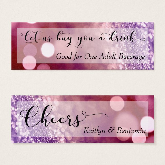 Red Lila Ombre Bokeh Script Mini Drink Ticket (Vorne & Hinten)