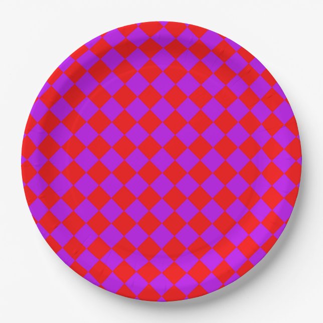 Red Lila Schachbrett Diamond Pattern Pappteller (Vorderseite)