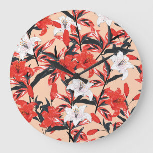 Red Lily: Vintages botanisches Muster. Große Wanduhr