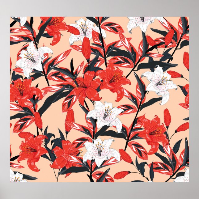 Red Lily: Vintages botanisches Muster. Poster (Vorne)