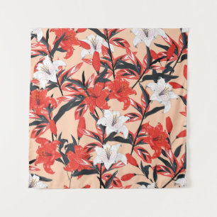 Red Lily: Vintages botanisches Muster. Wandteppich