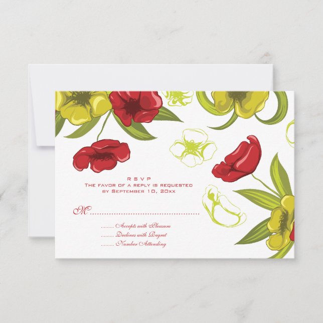 Red + Lime Green Mohn Blume Hochzeit rsvp Antwort (Vorderseite)