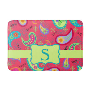 Red Lime Green Monogram Modern Paisley Pattern Badematte