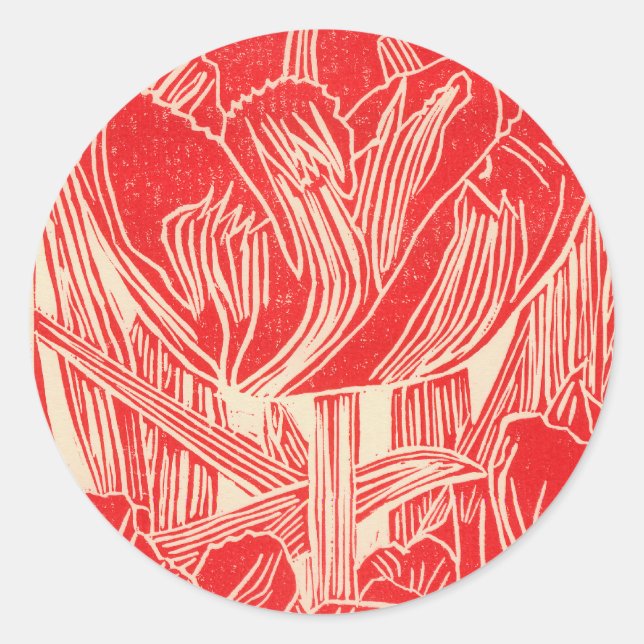 Red Linocut Tulip Round Stickers (Vorderseite)