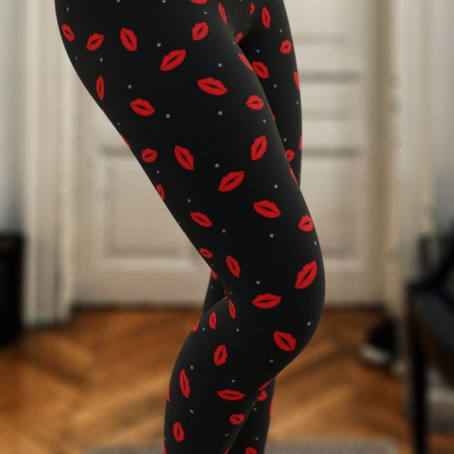 Red Lip Print Lipstick Kiss Leggings (Cute red lipstick kisses on a dotty pair of black leggings. Perfect just for you!)