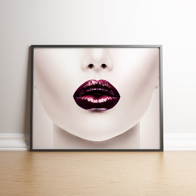 Red Lips Fashion Print Poster (Lips with Red Metallic Lipstick Fashion Print in a black frame.)