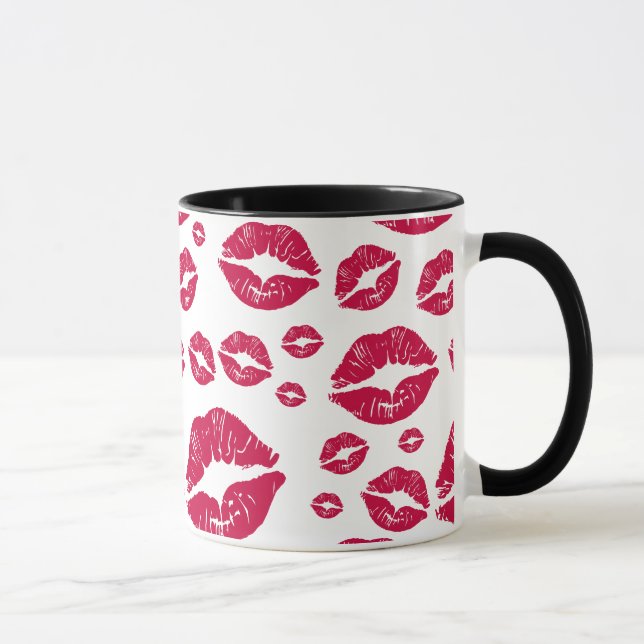 Red Lips Modern Kiss Pattern Trendweiß Tasse (Rechts)