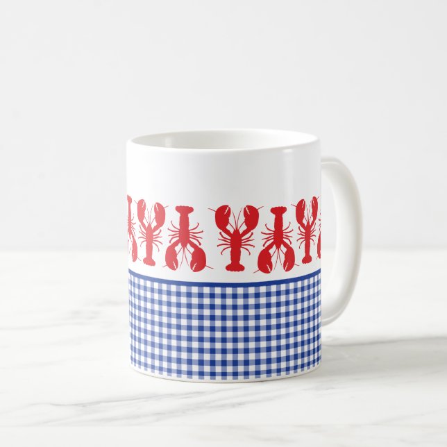 Red Lobster Blue White Gingham Coastal Fun Kaffeetasse (VorderseiteRechts)