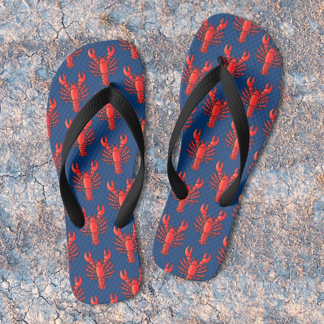 Red Lobster Muster Dunkelblauer Spaß Meeresfrüchte Flip Flops (Von Creator hochgeladen)