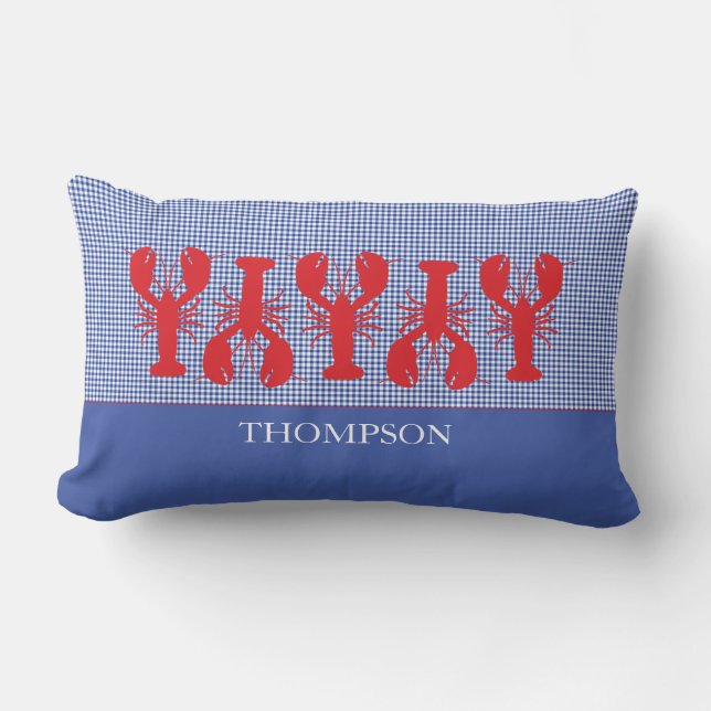 Red Lobsters Blue White Custom Text Preppy Lendenkissen (Vorderseite)