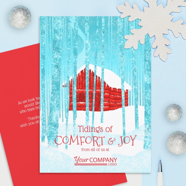 Red Logo Company Business Weihnachten Karte (red, turquoise cabin red logo company holiday greeting card, forest trees Christmas cards )