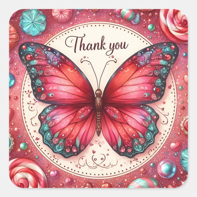 Red Lollipop Candy Butterfly - Danke - Quadratischer Aufkleber (Vorderseite)