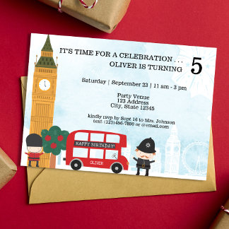 Red London Bus & Clock Tower Kindergeburtstag Einladung