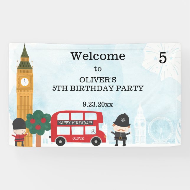 Red London Bus & Clock Tower Kindergeburtstag Part Banner (Horizontal)