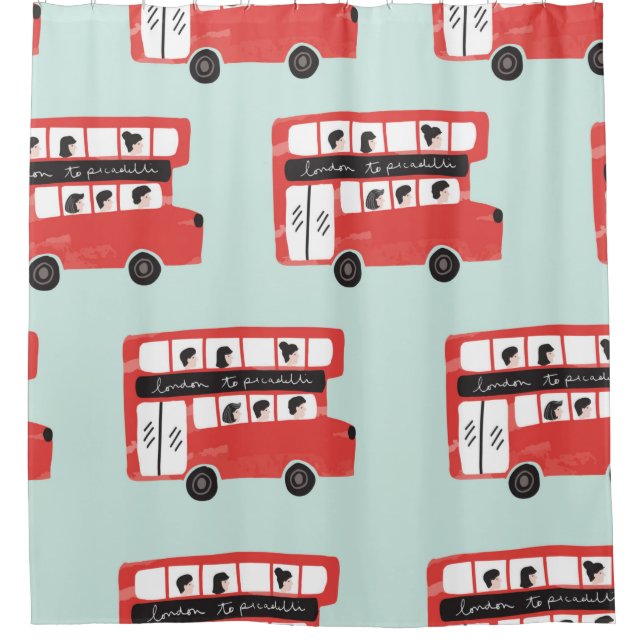 Red London Doppeldecker Bus Nahtloses Muster vint Duschvorhang (Vorderseite)