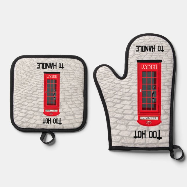 Red London Phone Booth with Custom Name & Caption Ofenhandschuh & Topflappen-Set (Vorderseite)