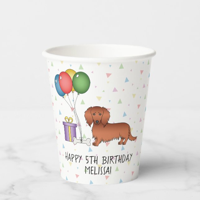 Red Long Hair Dackel Cartoon Hund Happy Birthday Pappbecher (Vorderseite)