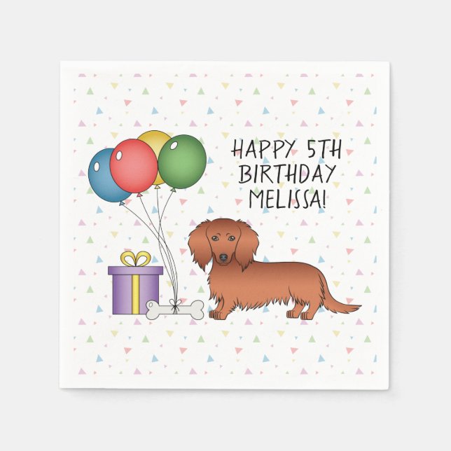 Red Long Hair Dackel Cartoon Hund Happy Birthday Serviette (Vorderseite)