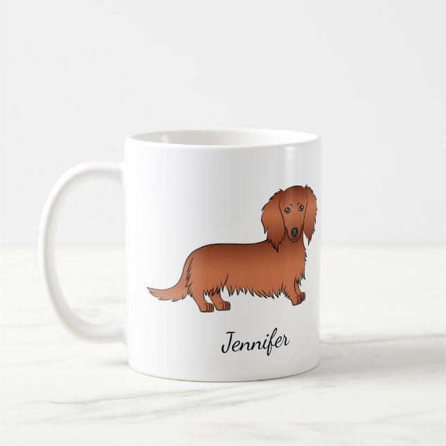 Red Long Hair Dackel Niedlich Cartoon Dog & Name Kaffeetasse (Links)