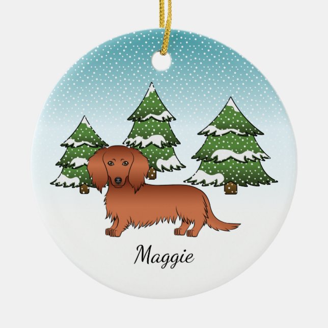 Red Long Hair Dackel Niedlich Dog - Winterwald Keramik Ornament (Vorne)