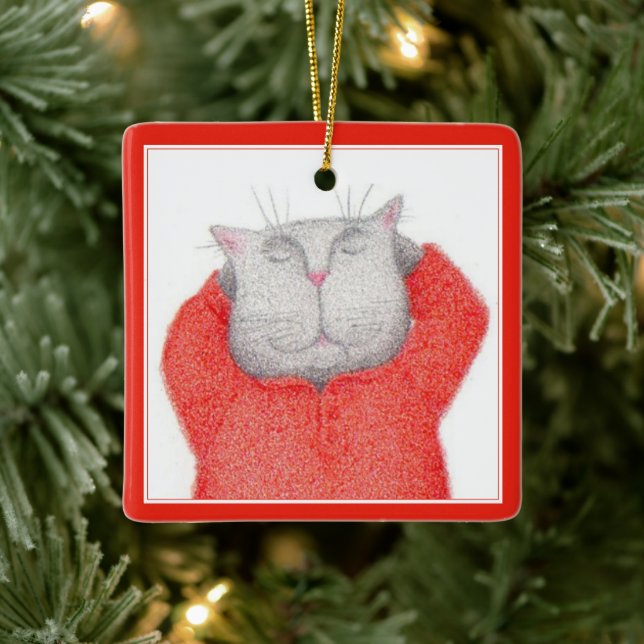 RED LONG JOHNS CAT Keramik Square Ornament (Baum)