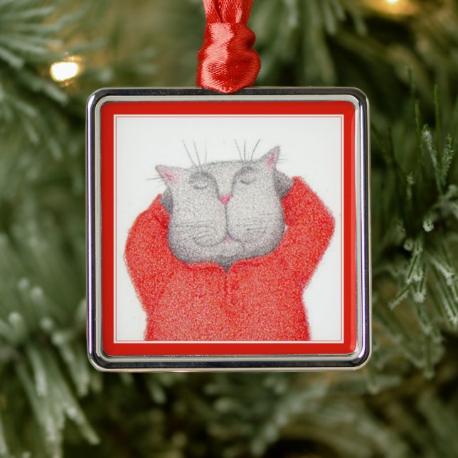 RED LONG JOHNS CAT Premium Square Ornament Aus Metall (Baum)