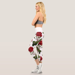 Red Long Steam Rose Muster Capri Leggings