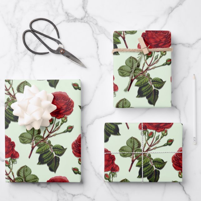 Red Long Stem Rose Muster Minze Green Hintergrund Geschenkpapier Set (Vorderseite)