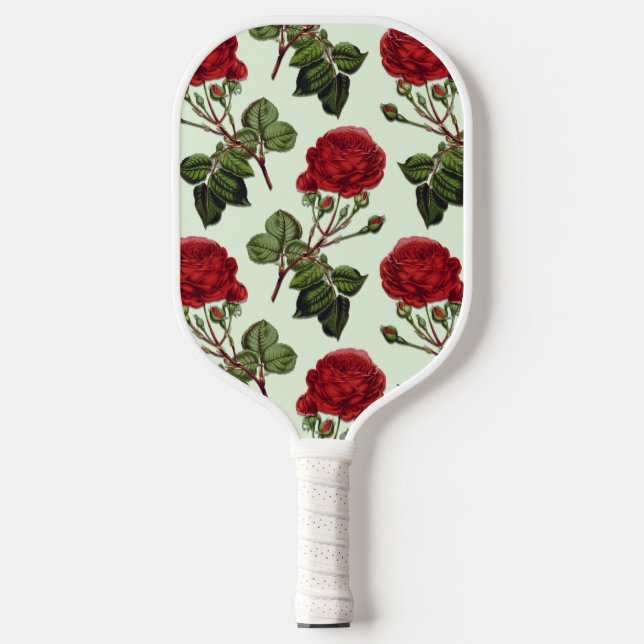 Red Long Stem Rose Muster Minze Green Hintergrund Pickleball Schläger (Vorderseite)