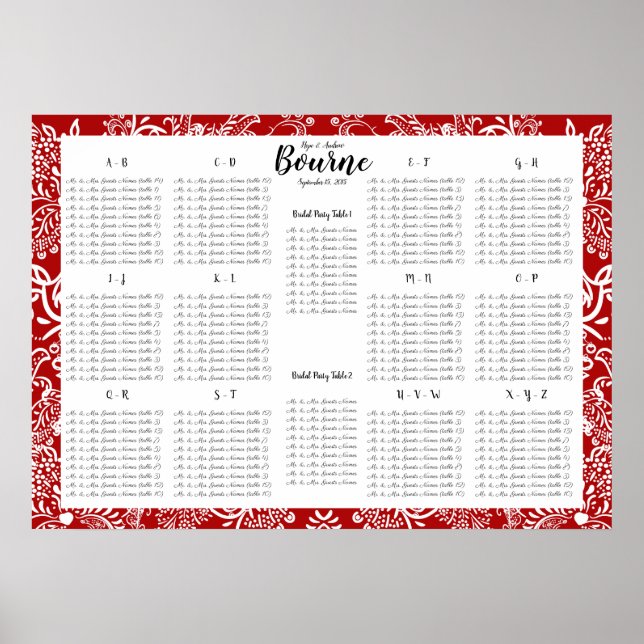 Red Love Bird Seating Chart Alphabetische Ordnung Poster (Vorne)