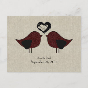 Red Love Birds Linen Save the Date aussehen Ankündigungspostkarte