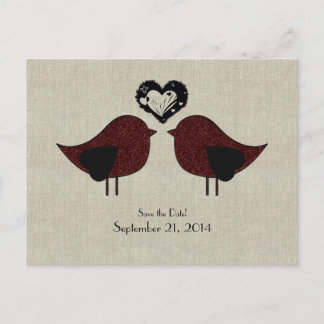 Red Love Birds Linen Save the Date aussehen Ankündigungspostkarte
