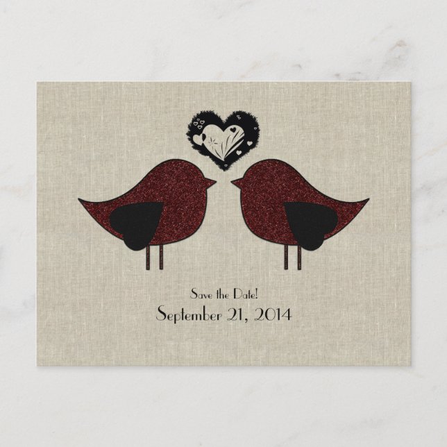 Red Love Birds Linen Save the Date aussehen Ankündigungspostkarte (Vorderseite)
