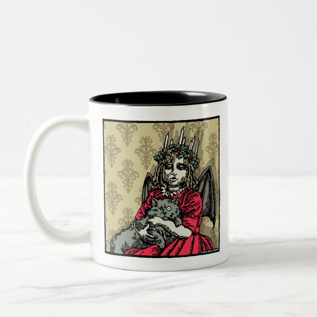 Red Lucia und Cat - Pop Goth Holiday Surreal Zweifarbige Tasse (Links)