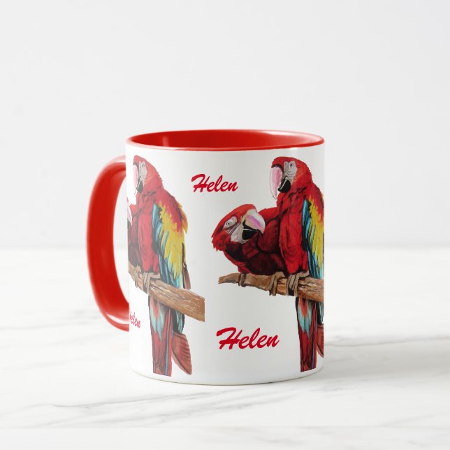 Red Macaw Parrot Bird Ladys Name Wasserfarbe Tasse (Vorderseite Links)