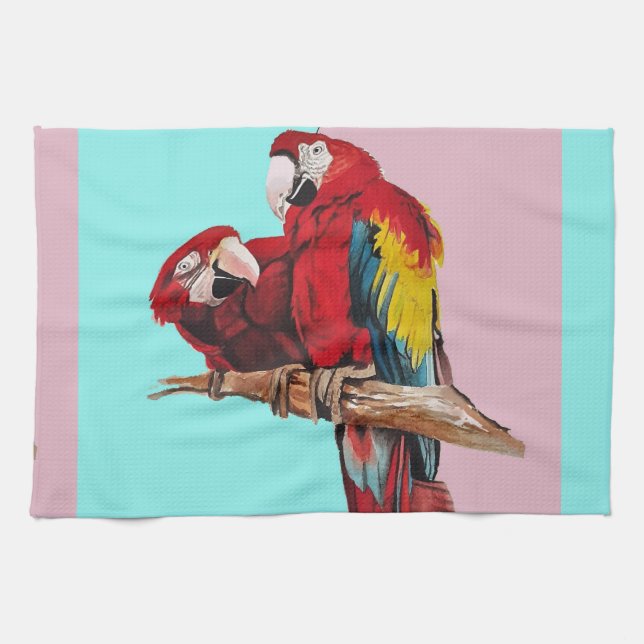 Red Macaw Parrots Wasserfarbe Küche Aqua Pink Geschirrtuch (Horizontal)