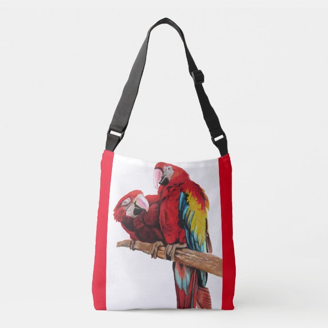 Red Macaw Watercolor Crossbody Bag Tragetaschen Mit Langen Trägern (Vorderseite)