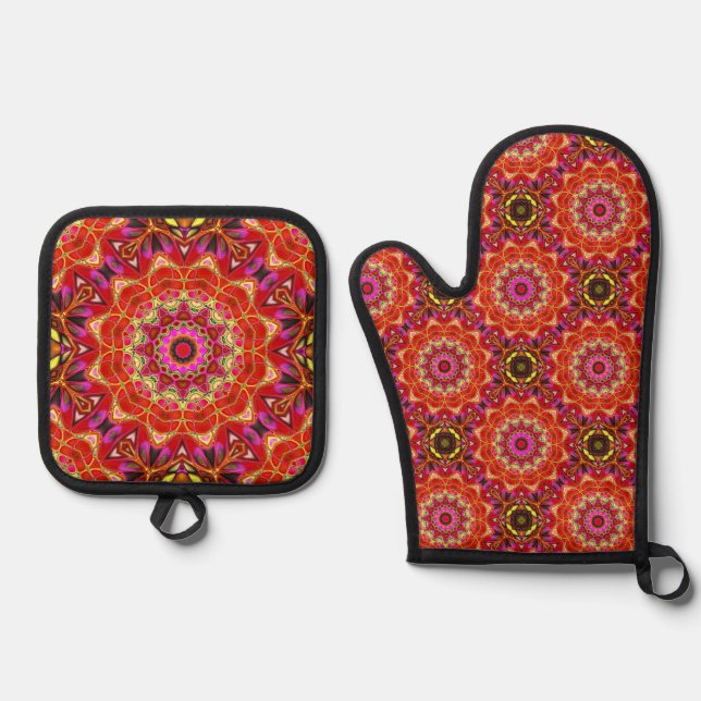 Red MANDALA  Ofenhandschuh & Topflappen-Set (Vorderseite)